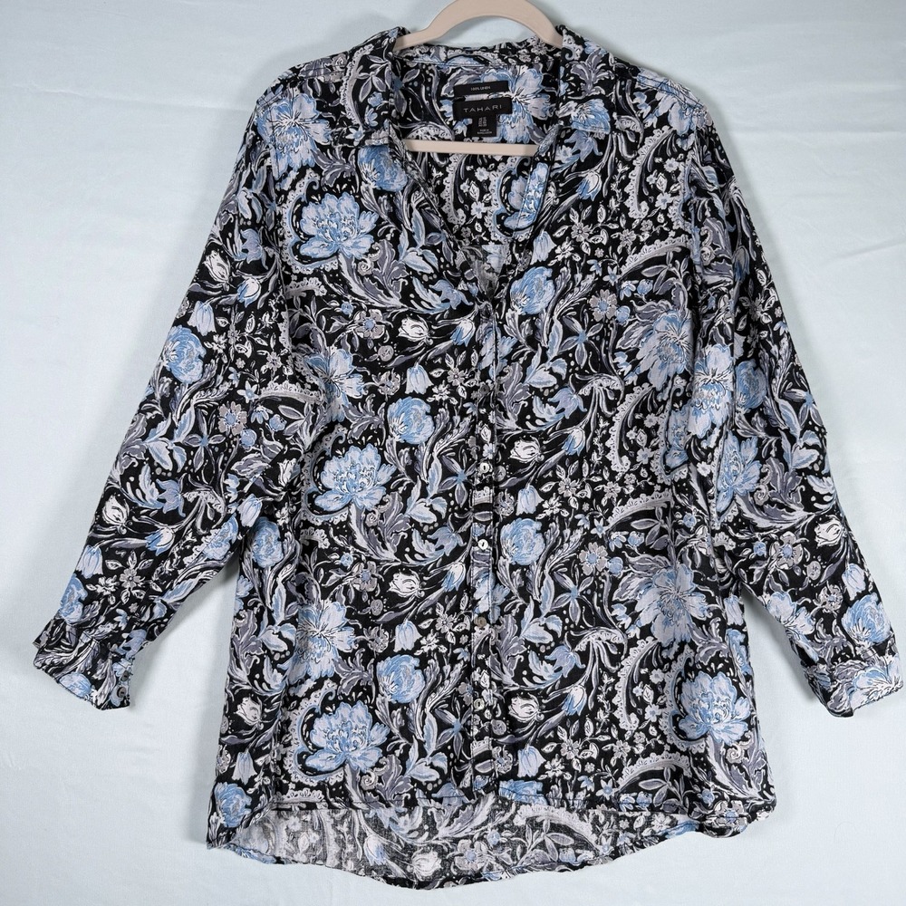 Tahari Size-1X Womens Shirt Floral Paisley Linen Button Blue